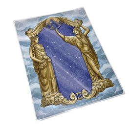 Decorative card with classical design featuring two figures and a celestial background.