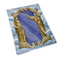 Decorative card with classical design featuring two figures and a celestial background.