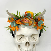 Whimsical Floral Crown with Antlers in Orange and blues