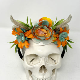 Whimsical Floral Crown with Antlers in Orange and blues