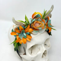 Whimsical Floral Crown with Antlers in Orange and blues