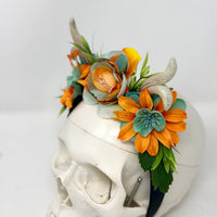 Whimsical Floral Crown with Antlers in Orange and blues