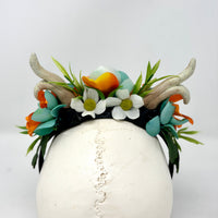 Whimsical Floral Crown with Antlers in Orange and blues