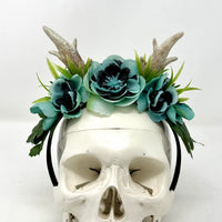 Whimsical Floral Crown with Antlers in Teal and Black