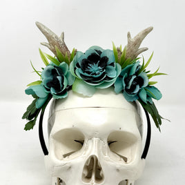 Whimsical Floral Crown with Antlers in Teal and Black