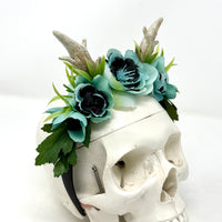Whimsical Floral Crown with Antlers in Teal and Black