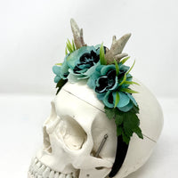 Whimsical Floral Crown with Antlers in Teal and Black