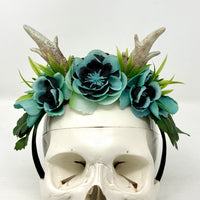 Whimsical Floral Crown with Antlers in Teal and Black