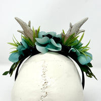 Whimsical Floral Crown with Antlers in Teal and Black