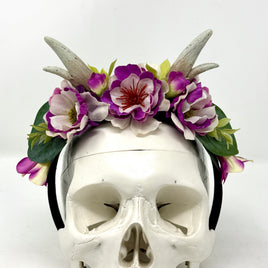 Whimsical Floral Crown with Antlers in Magenta and Cream