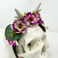 Whimsical Floral Crown with Antlers in Magenta and Cream