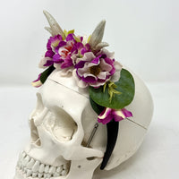 Whimsical Floral Crown with Antlers in Magenta and Cream
