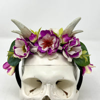 Whimsical Floral Crown with Antlers in Magenta and Cream