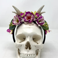 Whimsical Floral Crown with Antlers in Magenta and Cream