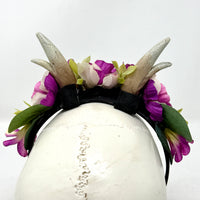 Whimsical Floral Crown with Antlers in Magenta and Cream