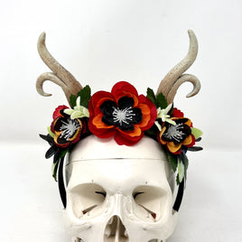 Whimsical Antler Crown with florals in Red, Black and Orange