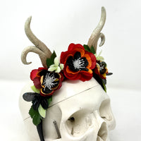 Whimsical Antler Crown with florals in Red, Black and Orange
