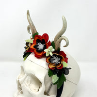 Whimsical Antler Crown with florals in Red, Black and Orange