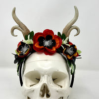 Whimsical Antler Crown with florals in Red, Black and Orange