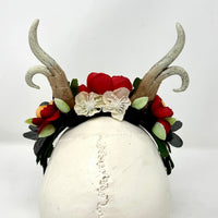 Whimsical Antler Crown with florals in Red, Black and Orange