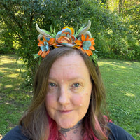 Whimsical Floral Crown with Antlers in Orange and blues