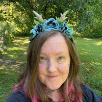 Whimsical Floral Crown with Antlers in Teal and Black