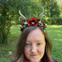 Whimsical Antler Crown with florals in Red, Black and Orange