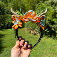 Whimsical Floral Crown with Antlers in Orange and blues