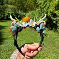 Whimsical Floral Crown with Antlers in Orange and blues