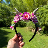 Whimsical Floral Crown with Antlers in Magenta and Cream