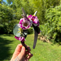 Whimsical Floral Crown with Antlers in Magenta and Cream