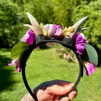 Whimsical Floral Crown with Antlers in Magenta and Cream