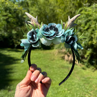 Whimsical Floral Crown with Antlers in Teal and Black