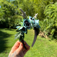 Whimsical Floral Crown with Antlers in Teal and Black