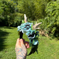 Whimsical Floral Crown with Antlers in Teal and Black
