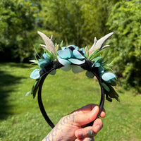 Whimsical Floral Crown with Antlers in Teal and Black