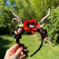 Whimsical Antler Crown with florals in Red, Black and Orange