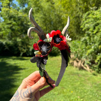 Whimsical Antler Crown with florals in Red, Black and Orange