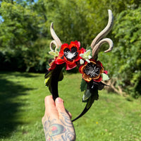 Whimsical Antler Crown with florals in Red, Black and Orange