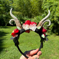 Whimsical Antler Crown with florals in Red, Black and Orange