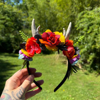 Whimsical Crown with Antlers in Rainbow Florals