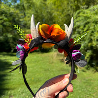Whimsical Crown with Antlers in Rainbow Florals